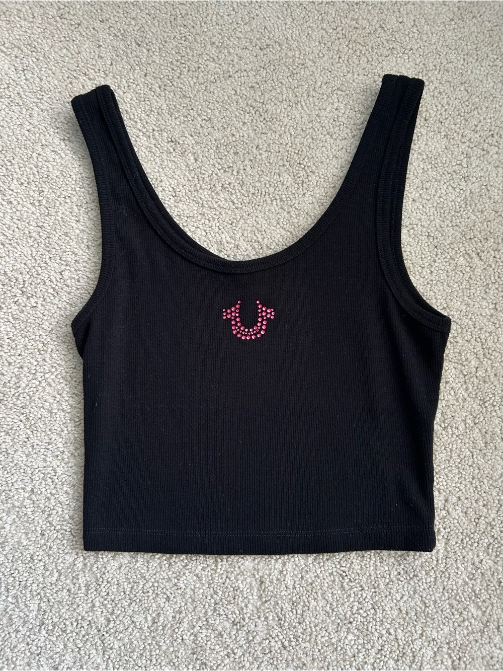 True Religion Black Ribbed Crop Tank with Pink Stud Horseshoe